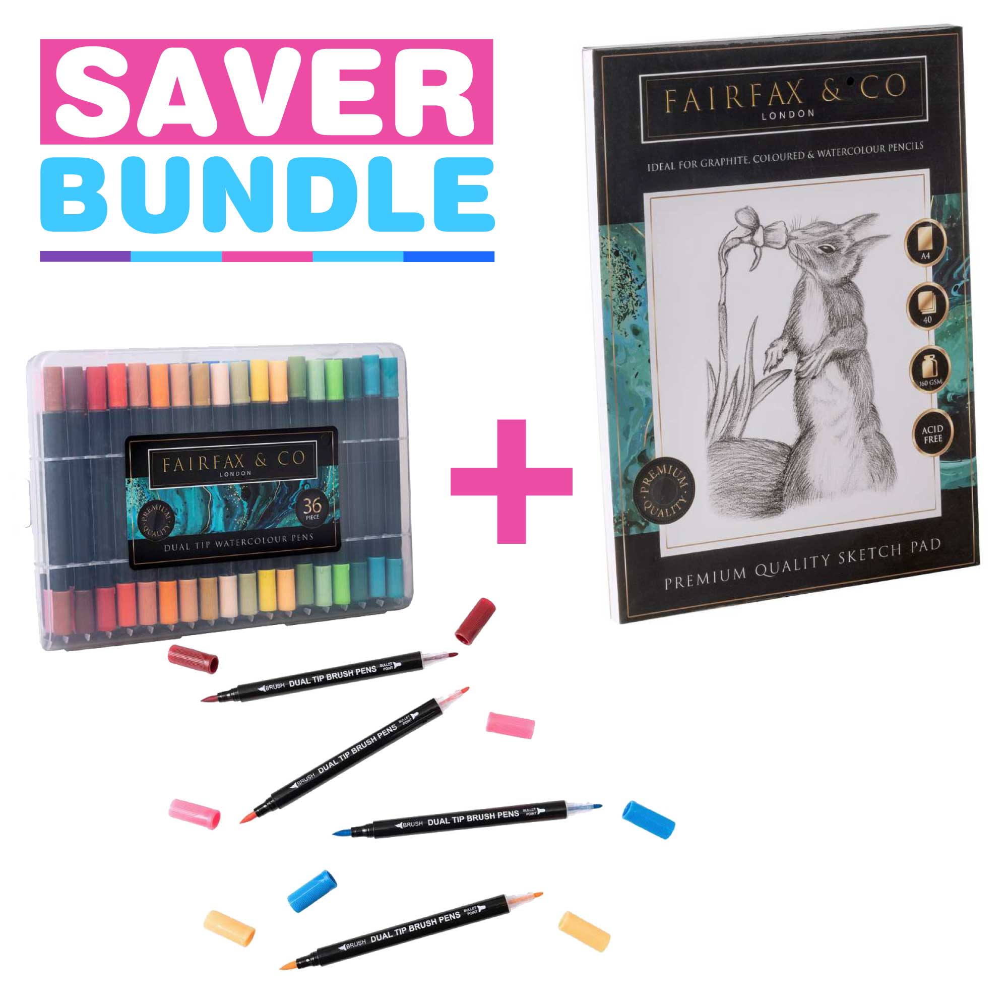 Watercolour Dual Tip Brush Pens Set of 36 + A4 40 Sheet Premium Sketch Pad Bundle Art Supplies