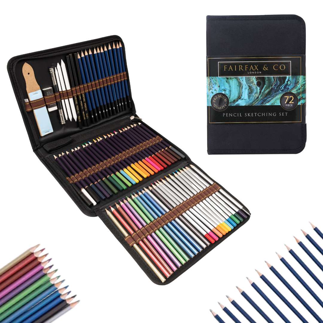 Comprehensive drawing kit featuring a variety of pencils, sketching tools, and accessories for artists of all levels. Ideal for sketching, shading, and detailed drawing projects.