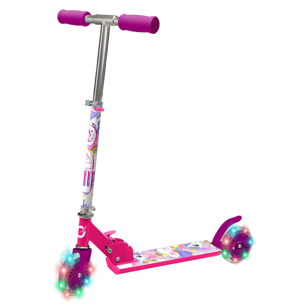 EVO Children&#39;s Light Up Inline Scooter for Kids Ages 5 and Up with LED Wheels and Adjustable Handlebar, perfect for enhancing motor skills and outdoor fun.