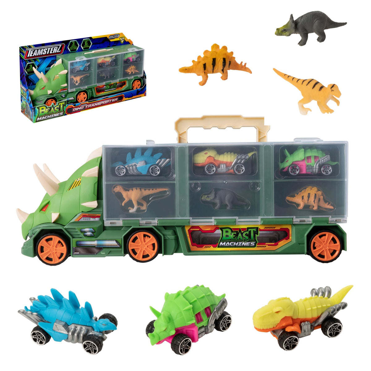 Teamsterz Beast Machines Triceratops Transporter | Includes 3 Dino Racer Cars &amp; 3 Dinosaurs