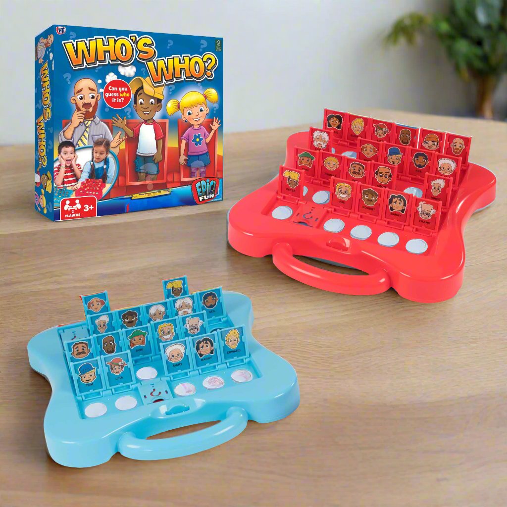 Epic Fun Who&#39;s Who Game with colourful character cards and game boards, ideal for family game nights and engaging guessing fun for all ages.