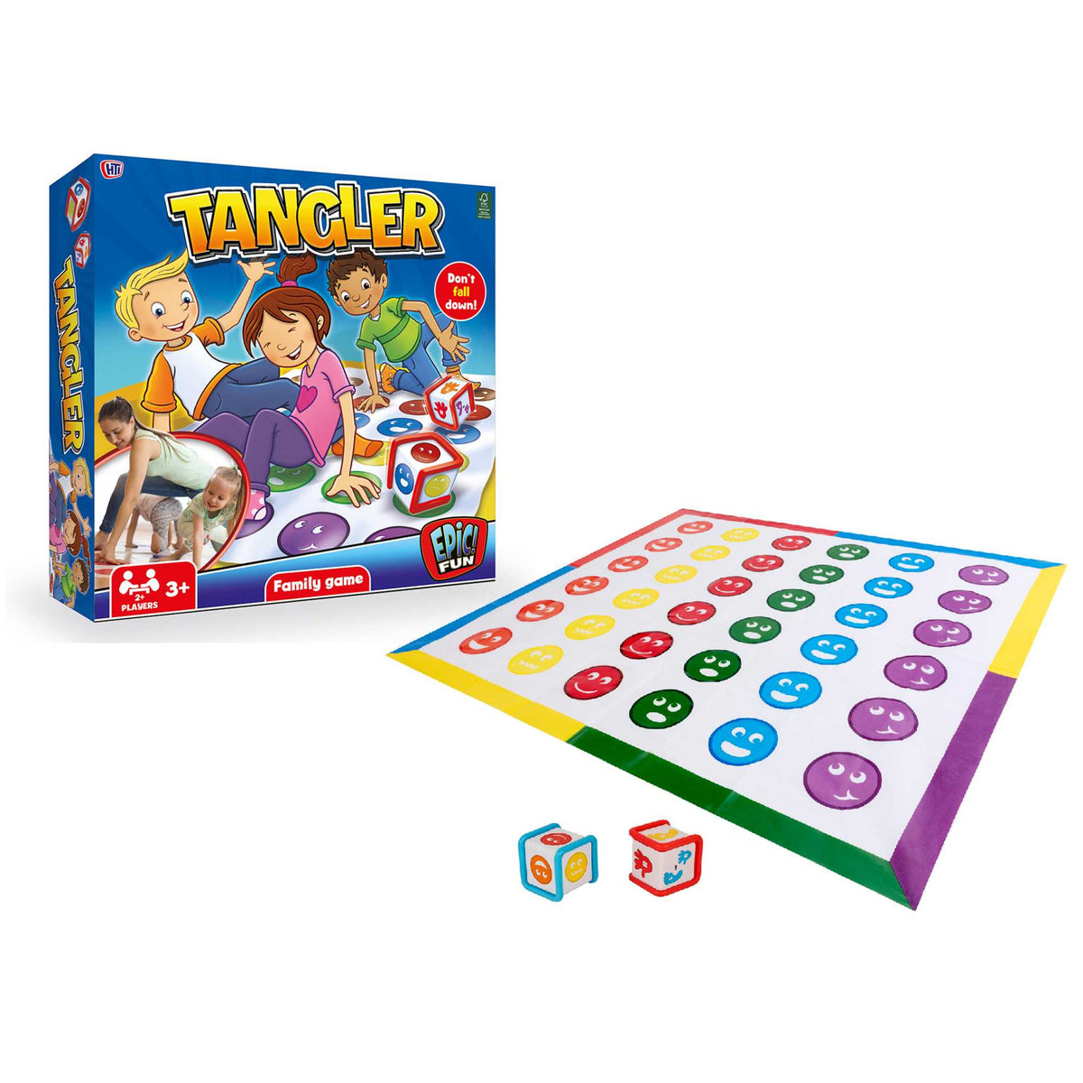 A vibrant and colourful image of the Epic Fun Tangler Family Board Game, featuring a detailed game board, challenge cards, Tangler tokens, and player pieces, set up on a table with family members eagerly playing and enjoying the game together.