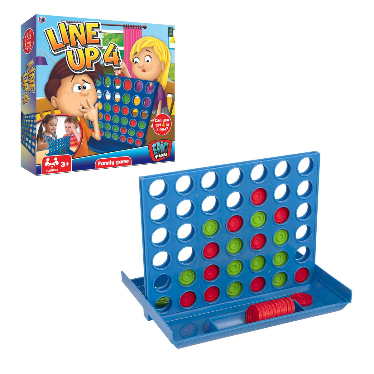 Epic Fun Line Up 4 Game featuring a vibrant game board and colourful pieces, perfect for family gatherings and strategic fun for all ages.