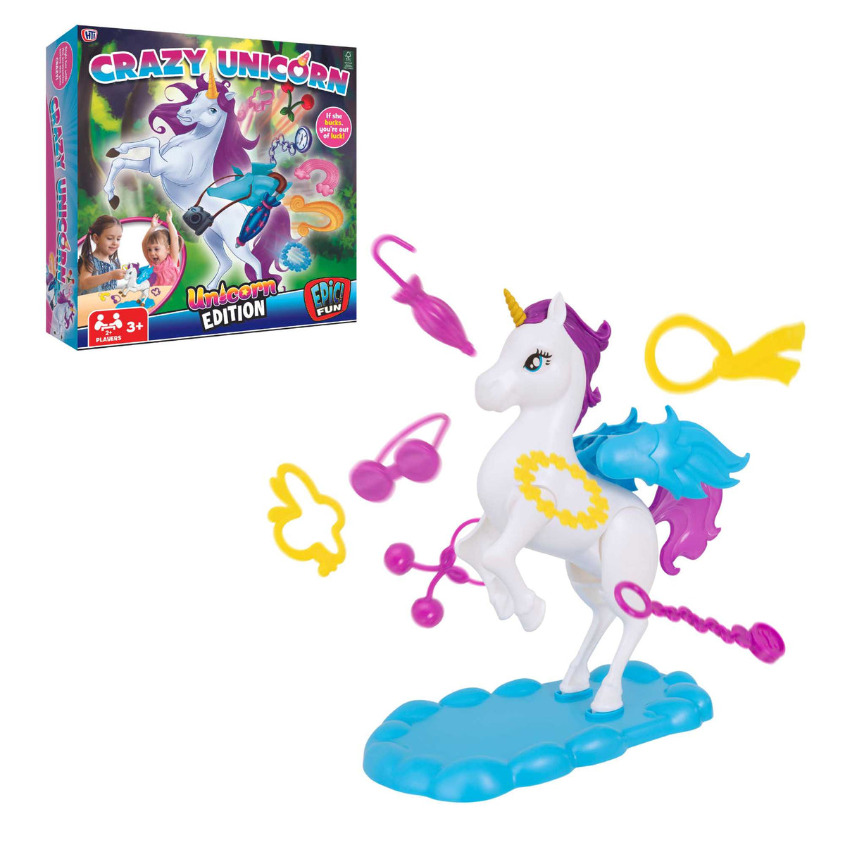 Epic Fun Crazy Unicorn Bucking Game with a colorful unicorn figure and game pieces, ideal for exciting family game nights and whimsical fun for all ages.