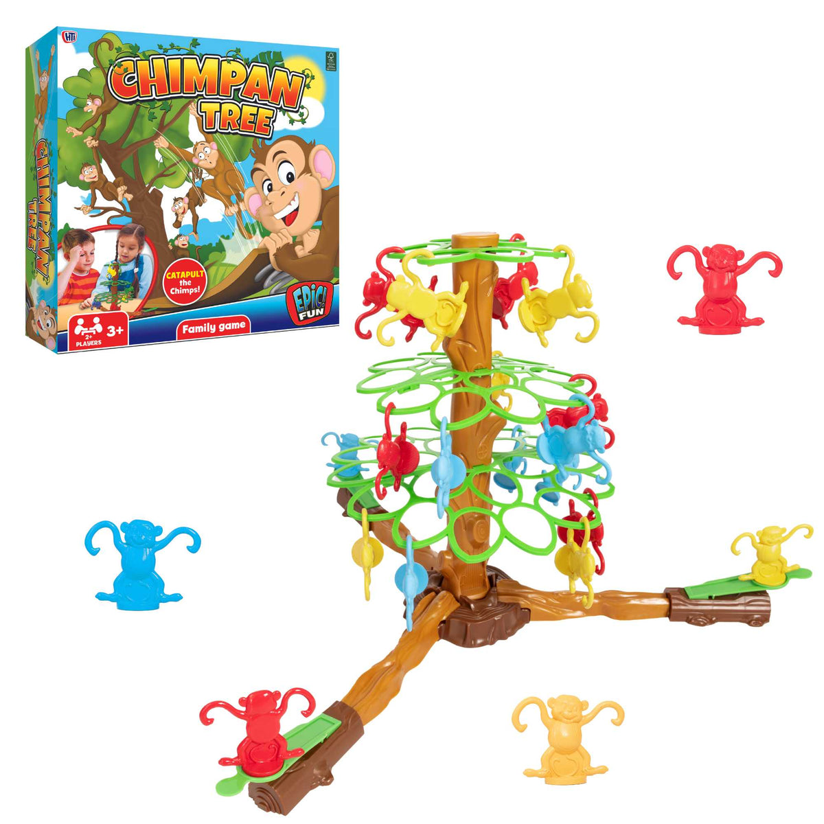 Strategic Chimpan Tree Game, a portable board game for kids and families. Features monkey-jumping action to promote strategic thinking and fine motor skills, perfect for parties, game nights, camping, or holidays.