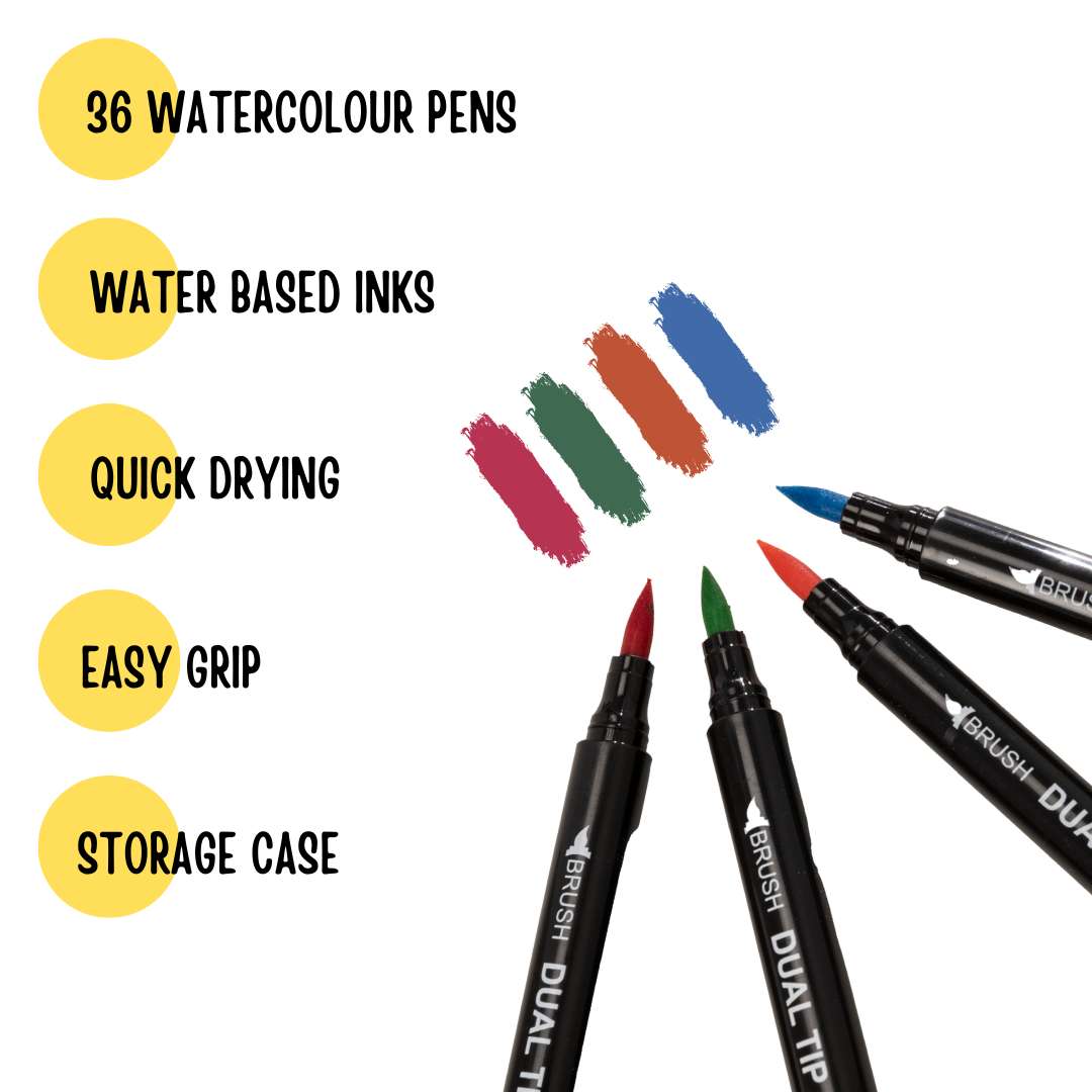 Versatile watercolour brush pens with dual tips for fine details and broad strokes. Perfect for artists, illustrators, and hobbyists. Vibrant colors for creating beautiful watercolour artworks