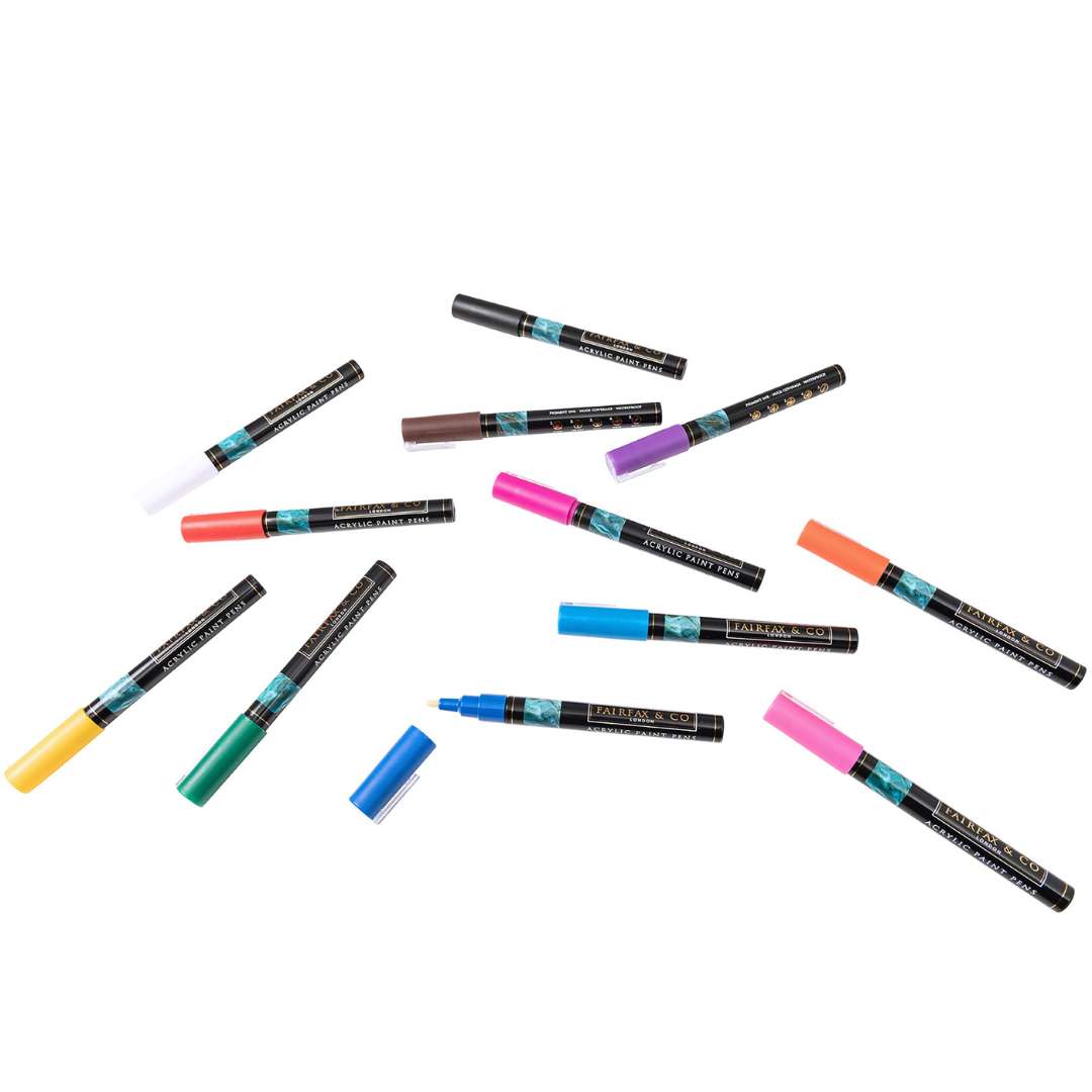 Premium quality acrylic paint pens in a set of 12 vibrant colors. Perfect for artists, crafters, and DIY enthusiasts. Ideal for painting on various surfaces such as canvas, wood, ceramic, and more.