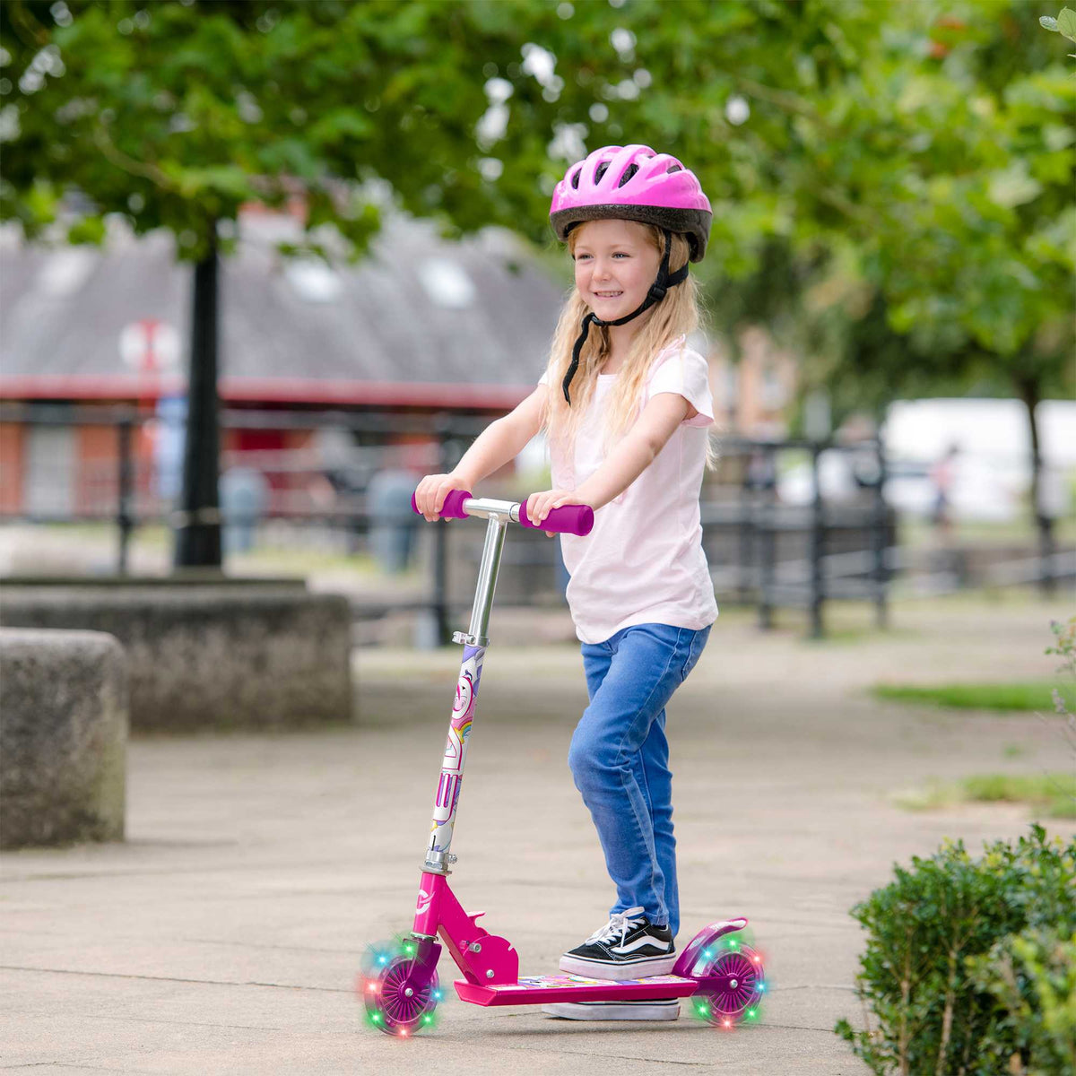 EVO Children&#39;s Light Up Inline Scooter for Kids Ages 5 and Up with LED Wheels and Adjustable Handlebar, perfect for enhancing motor skills and outdoor fun.