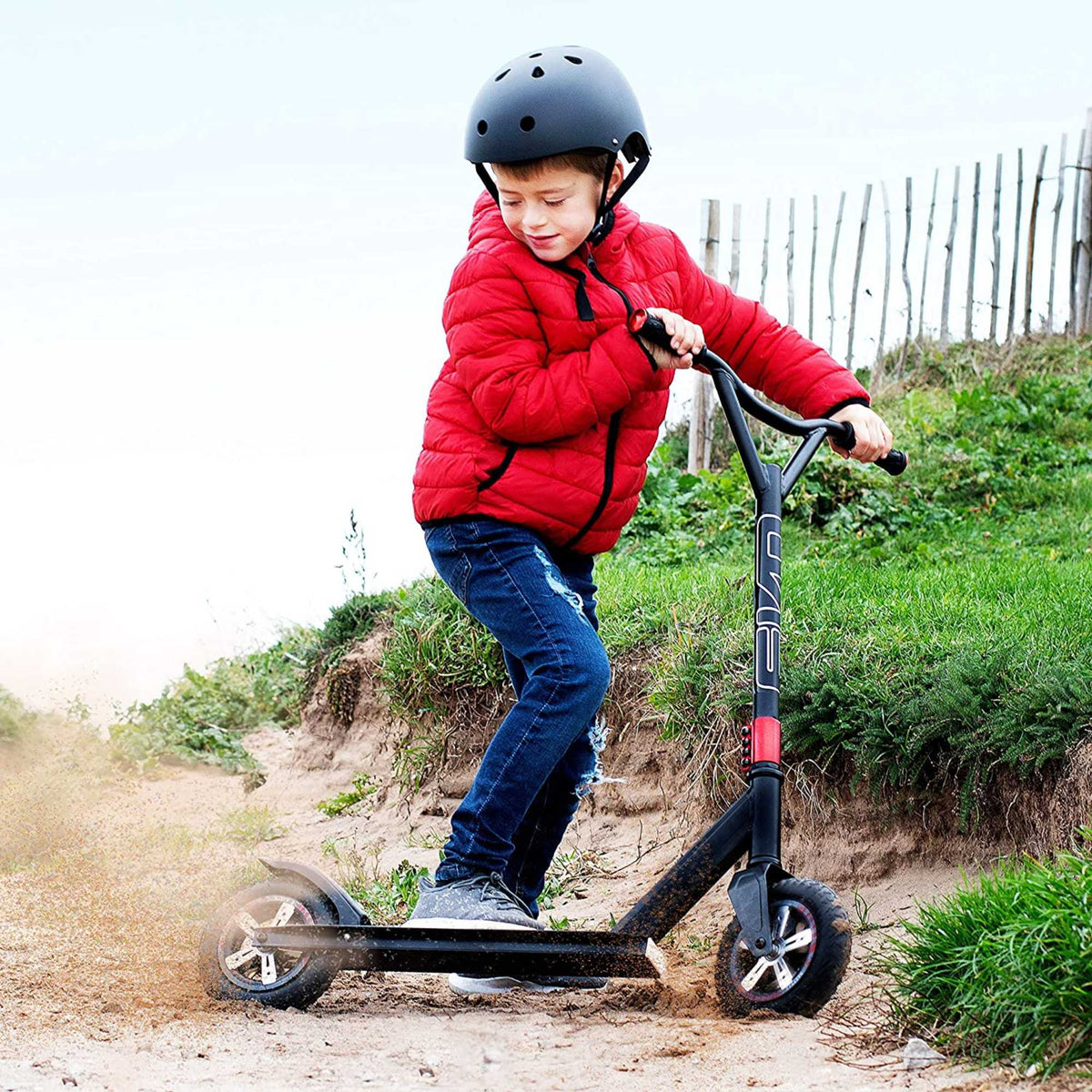 EVO Dirt Rider Scooter in Black, durable off-road scooter designed for rugged terrains and adventurous rides.