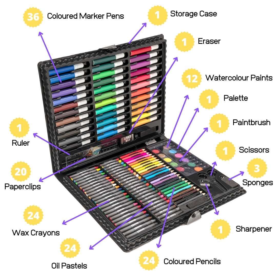 Marker Pens, Was Crayons, Oil Pastels, Fine Painting Brush, Coloured Pencils, Watercolour Pains, Craft Scissors, Card &amp; Poster Making Kit