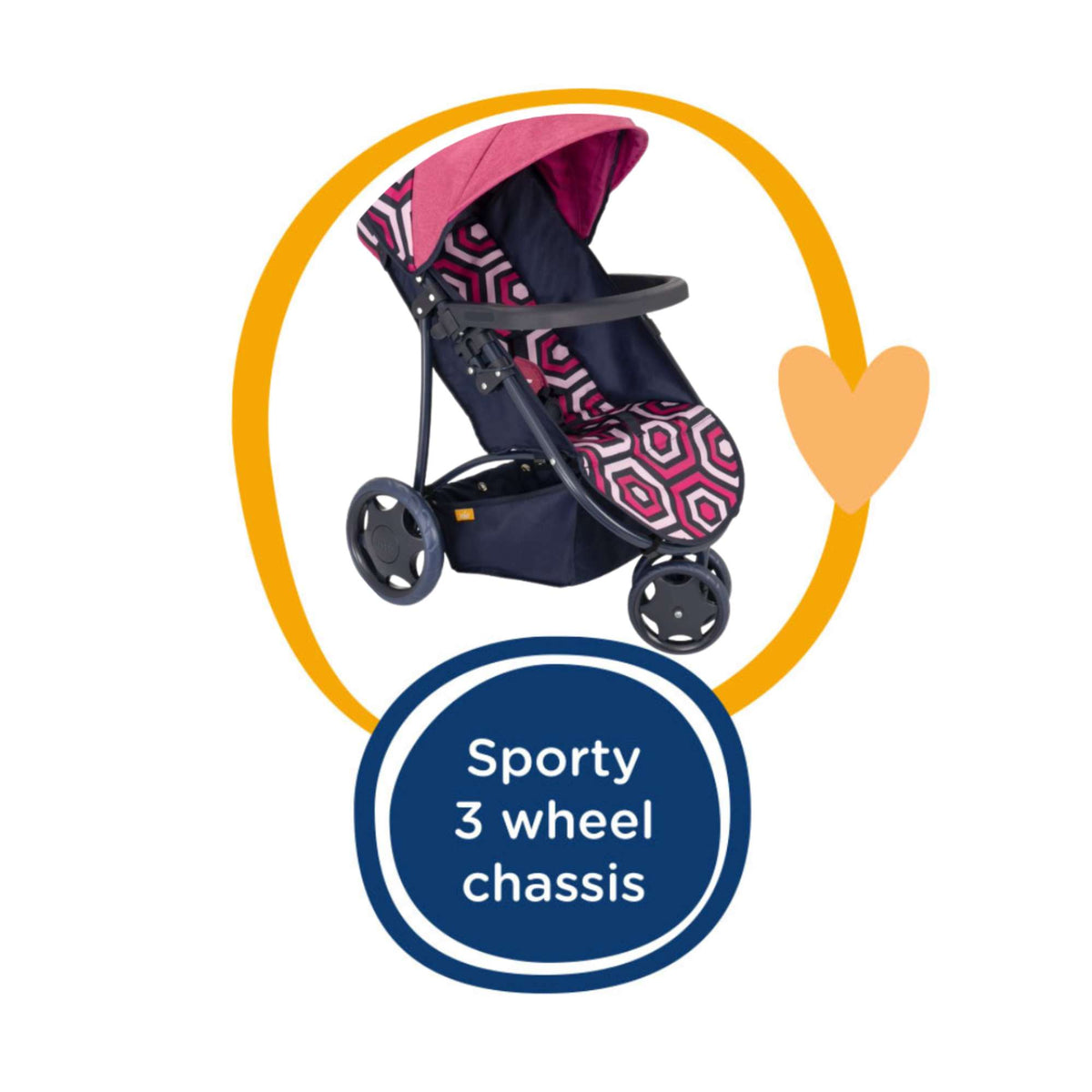 Joie Junior Litetrax Dolls Pram, a sleek toy stroller with an adjustable hood in a stylish navy blue and geometric pink pattern. A replica of the real Joie Litetrax 3 pram for imaginative doll play.