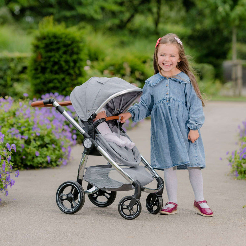 Mamas & Papas Premium Occaro Pram set, a stylish dolls stroller with an adjustable hood, premium fabric, chunky chrome frame, and leather handles. Features front swivel wheels and folds flat for easy storage, mimicking the real-life version.