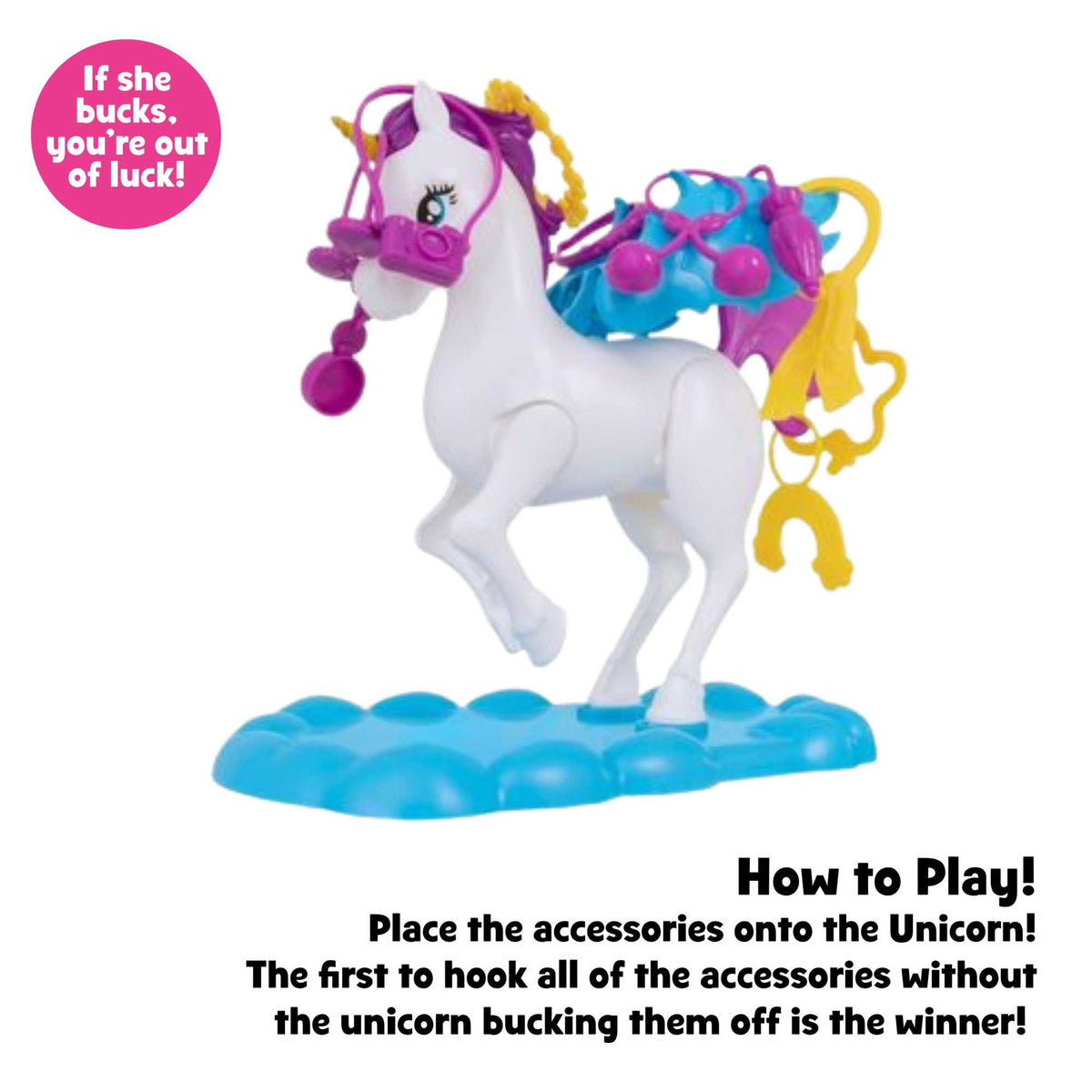 Epic Fun Crazy Unicorn Bucking Game with a colorful unicorn figure and game pieces, ideal for exciting family game nights and whimsical fun for all ages.