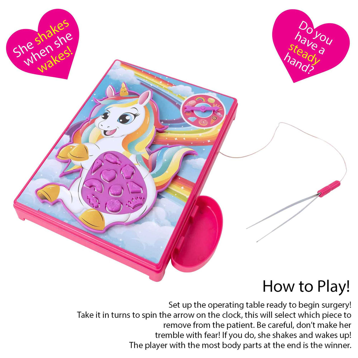 Unicorn Shaking Surgeon Board Game, a unicorn-themed twist on the classic Shaking Surgeon game. Perfect for kids and adults, it tests hand-eye coordination and patience for hours of family fun.