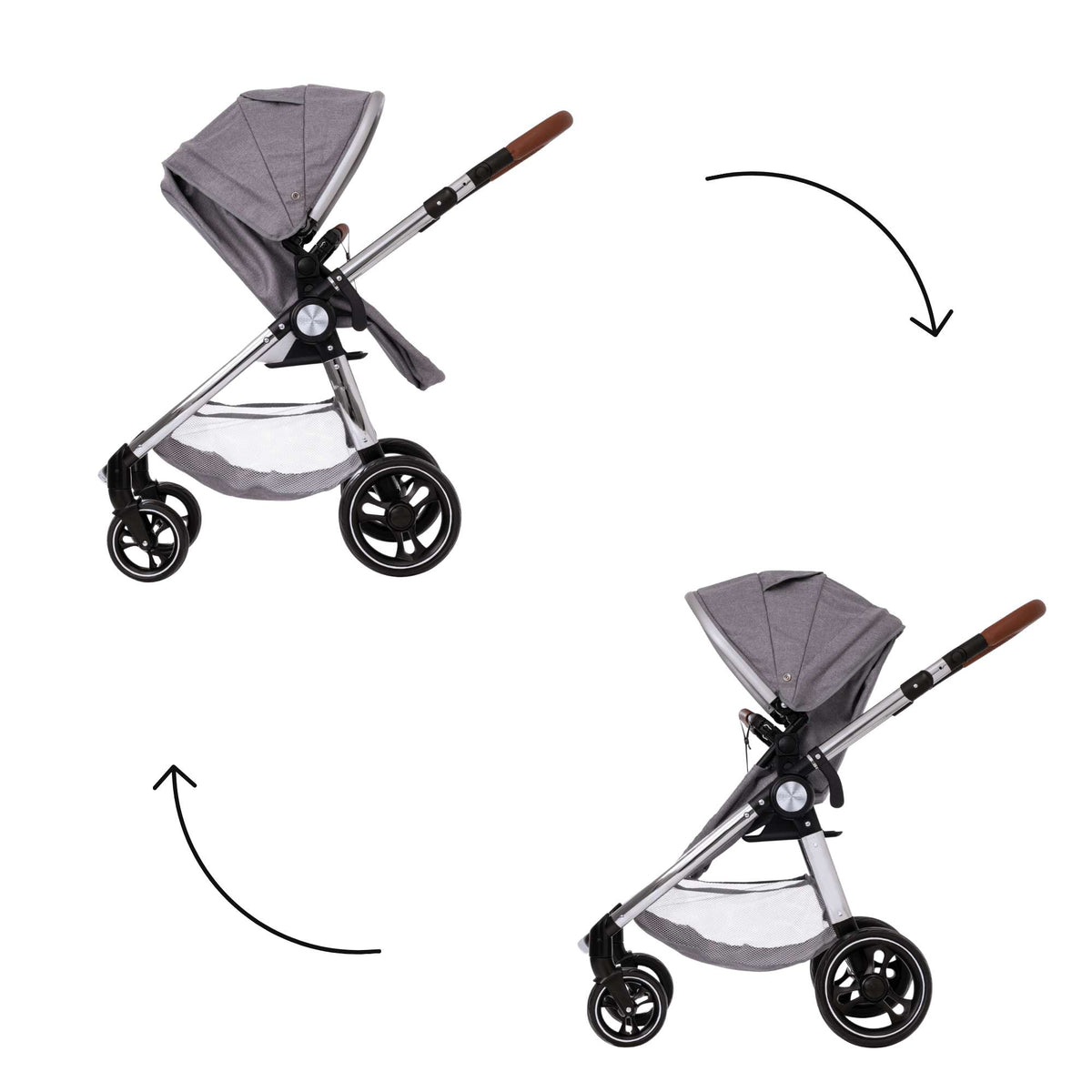 Mamas &amp; Papas Premium Occaro Pram set, a stylish dolls stroller with an adjustable hood, premium fabric, chunky chrome frame, and leather handles. Features front swivel wheels and folds flat for easy storage, mimicking the real-life version.