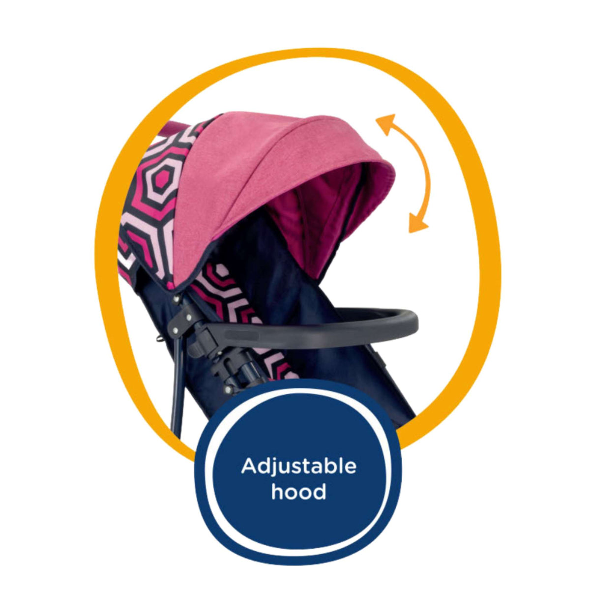 Joie Junior Litetrax Dolls Pram, a sleek toy stroller with an adjustable hood in a stylish navy blue and geometric pink pattern. A replica of the real Joie Litetrax 3 pram for imaginative doll play.