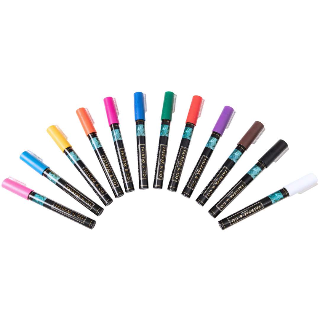 Premium quality acrylic paint pens in a set of 12 vibrant colors. Perfect for artists, crafters, and DIY enthusiasts. Ideal for painting on various surfaces such as canvas, wood, ceramic, and more.