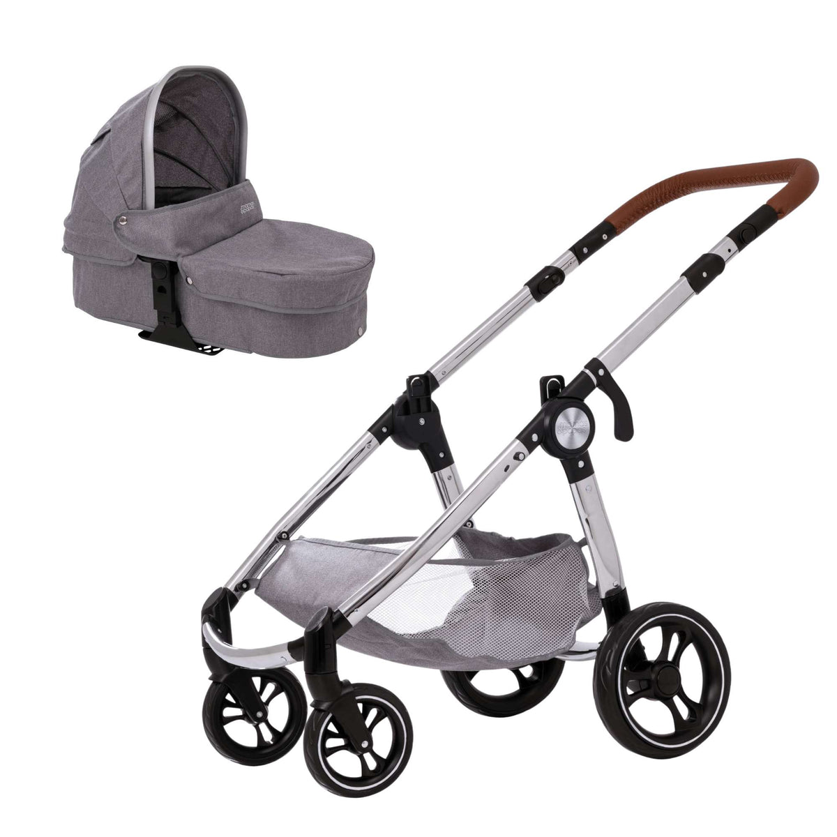 Mamas &amp; Papas Premium Occaro Pram set, a stylish dolls stroller with an adjustable hood, premium fabric, chunky chrome frame, and leather handles. Features front swivel wheels and folds flat for easy storage, mimicking the real-life version.