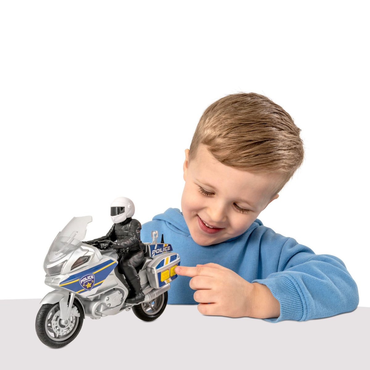 Light &amp; Sound Police Motorbike, a toy for kids to role-play as police officers. Features realistic lights and sounds to spark imaginative rescue missions and crime-fighting adventures at home.