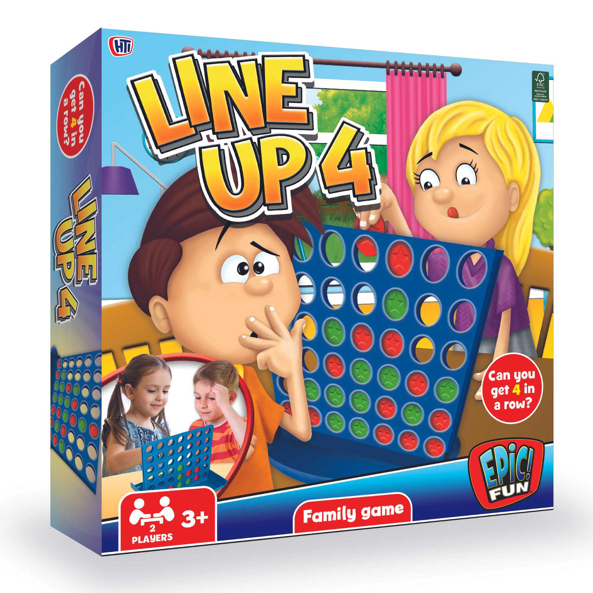 Epic Fun Line Up 4 Game featuring a vibrant game board and colourful pieces, perfect for family gatherings and strategic fun for all ages.