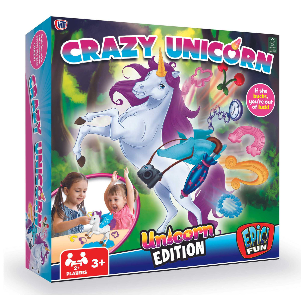 Epic Fun Crazy Unicorn Bucking Game with a colorful unicorn figure and game pieces, ideal for exciting family game nights and whimsical fun for all ages.