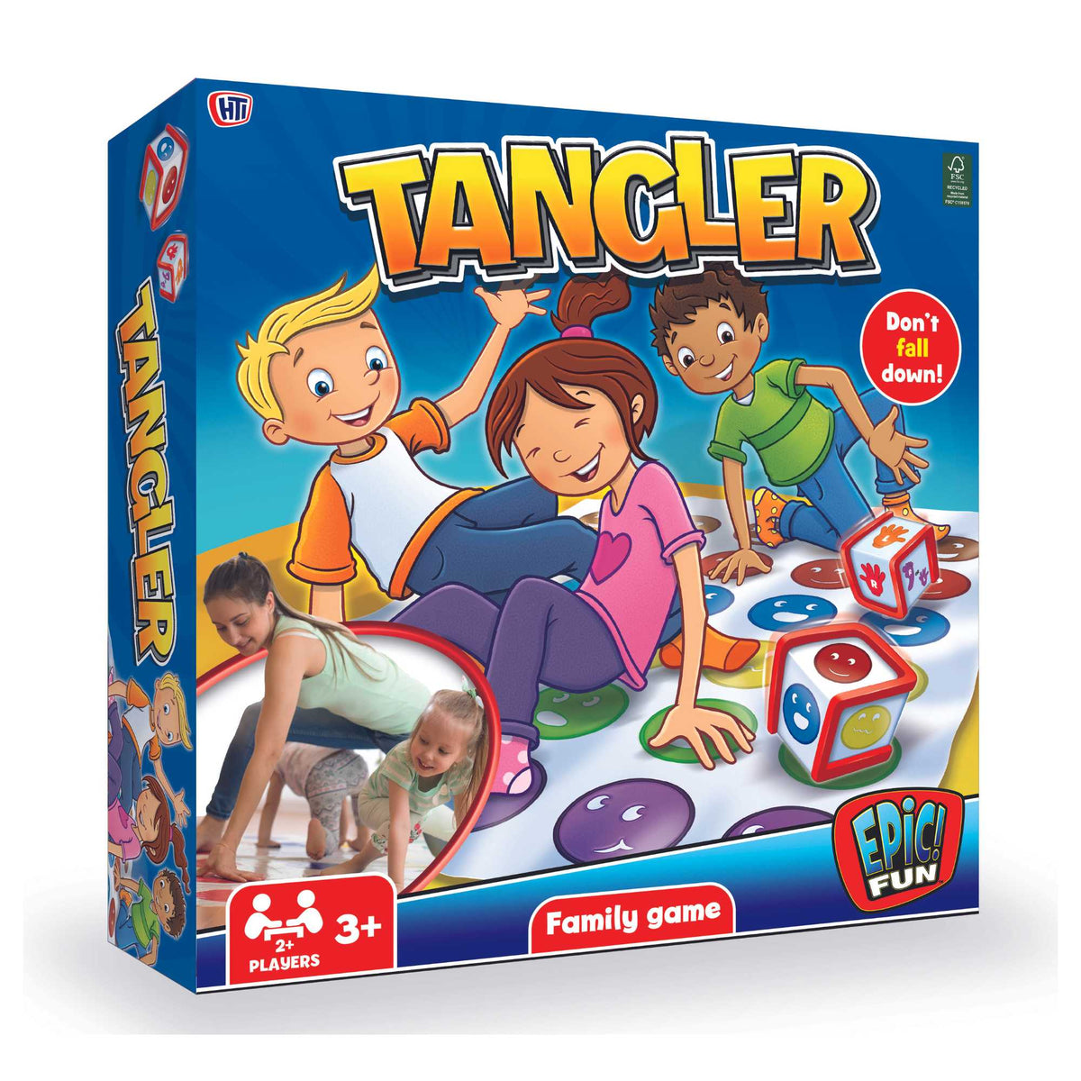 A vibrant and colourful image of the Epic Fun Tangler Family Board Game, featuring a detailed game board, challenge cards, Tangler tokens, and player pieces, set up on a table with family members eagerly playing and enjoying the game together.