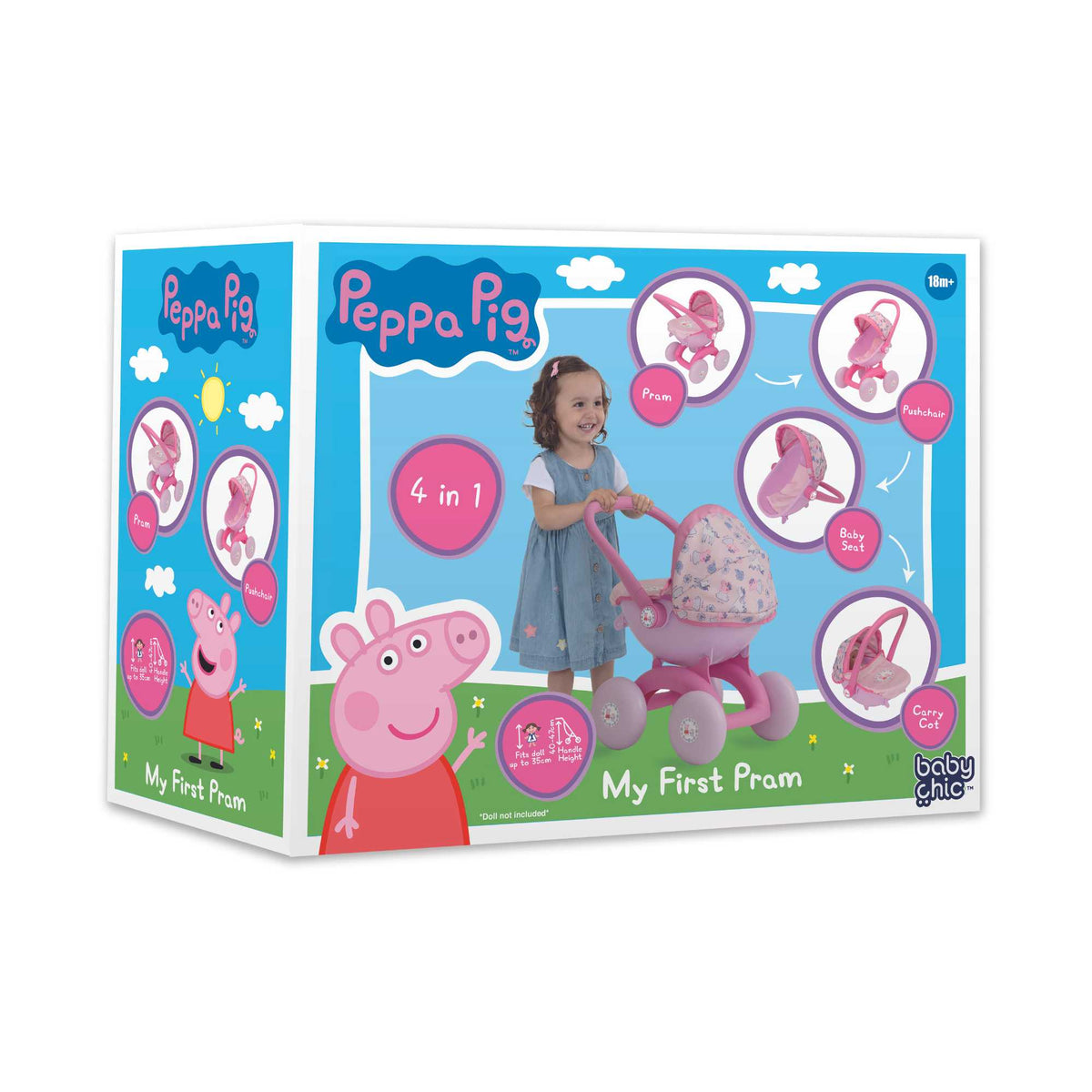 Peppa Pig 4-in-1 Pram, a versatile dolls’ stroller for dolls up to 35cm. Features a detachable carrycot, front-facing pushchair, and baby seat with an adjustable hood, removable apron, and Peppa Pig-themed pink design.