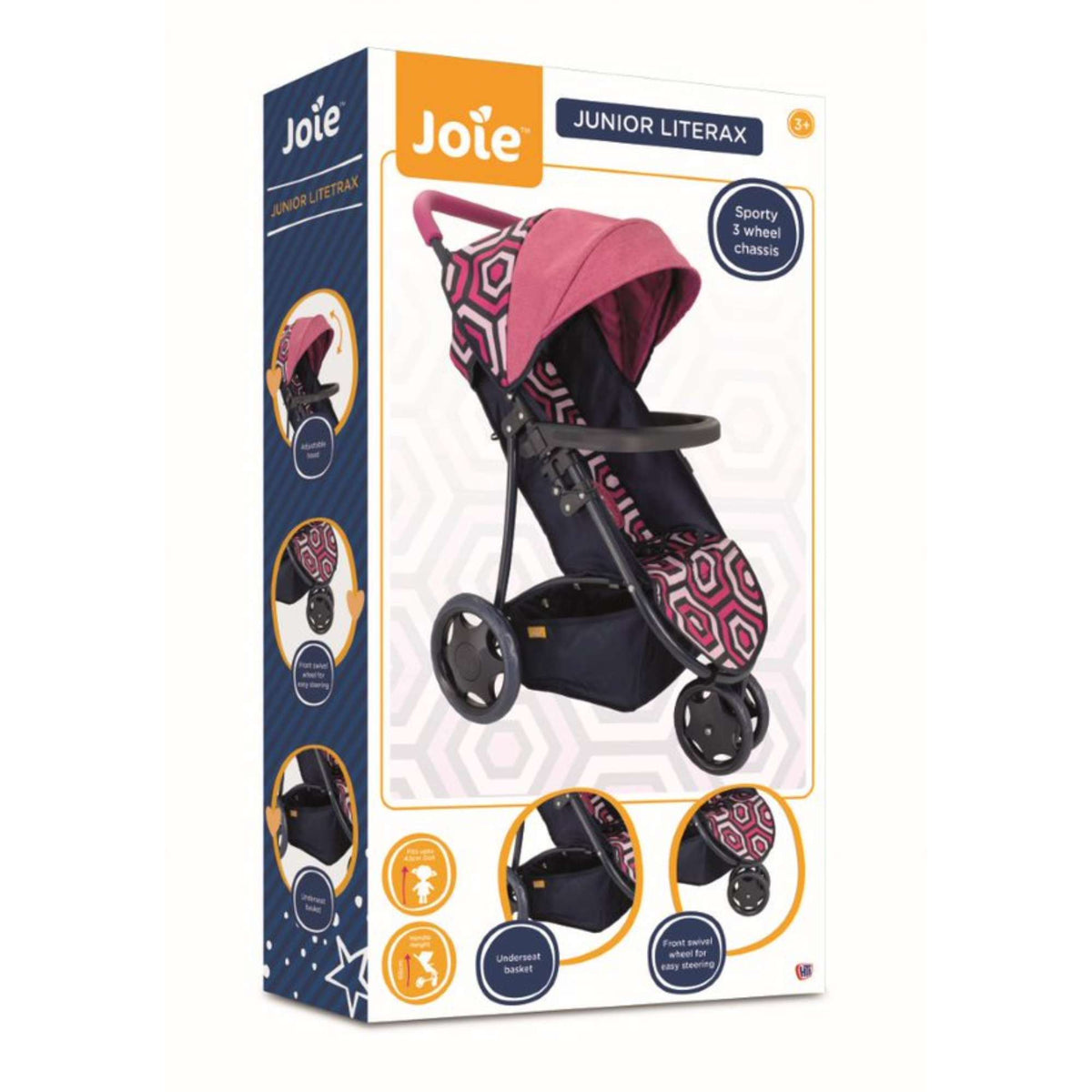 Joie Junior Litetrax Dolls Pram, a sleek toy stroller with an adjustable hood in a stylish navy blue and geometric pink pattern. A replica of the real Joie Litetrax 3 pram for imaginative doll play.