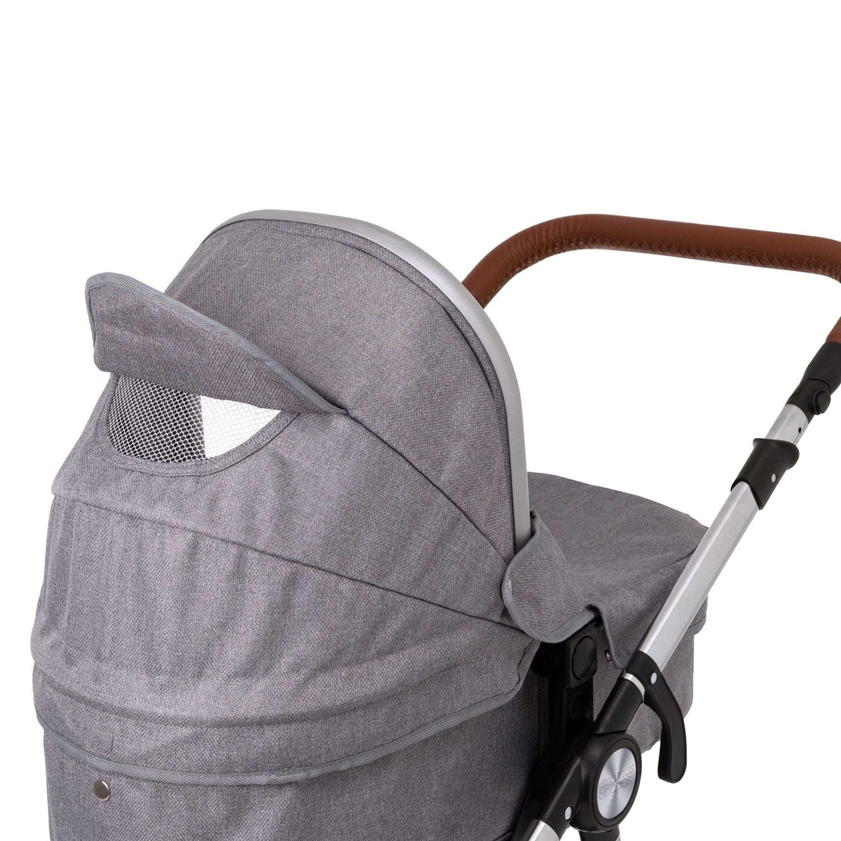 Mamas &amp; Papas Premium Occaro Pram set, a stylish dolls stroller with an adjustable hood, premium fabric, chunky chrome frame, and leather handles. Features front swivel wheels and folds flat for easy storage, mimicking the real-life version.