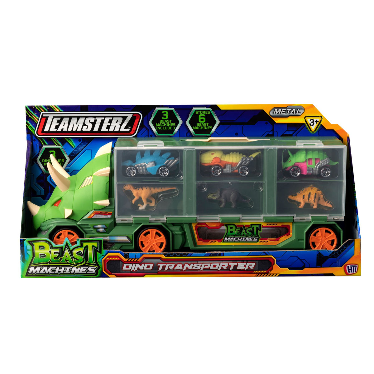 Teamsterz Beast Machines Triceratops Transporter | Includes 3 Dino Racer Cars &amp; 3 Dinosaurs