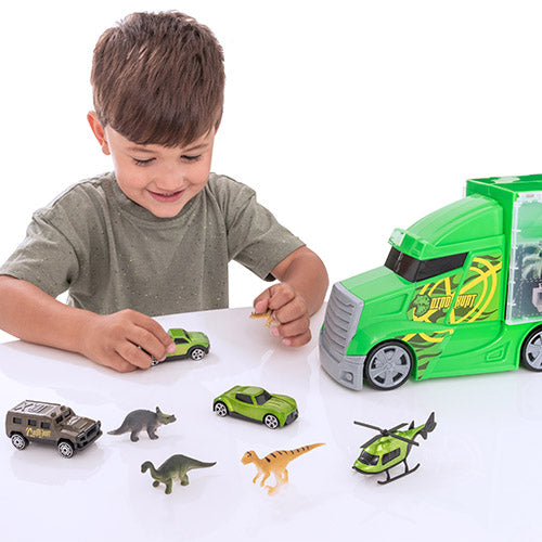 Dinosaur-themed Transporter Truck, a durable toy car carrier for kids who love racing cars and dinosaurs. Features free-moving wheels, a carry handle, and storage for a mess-free, portable play experience.