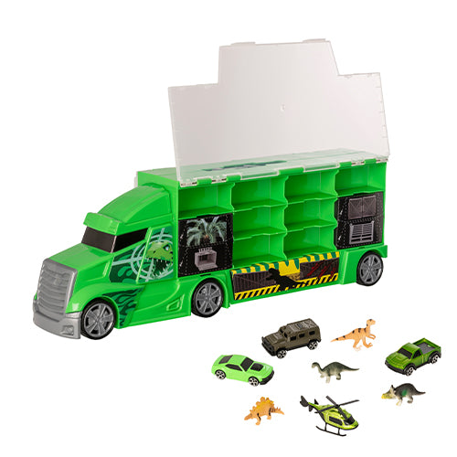 A Transporter Truck styled with a bold dinosaur theme, featuring a sturdy case with free-moving wheels and a carry handle. Open to reveal storage for toy cars and dinosaurs.