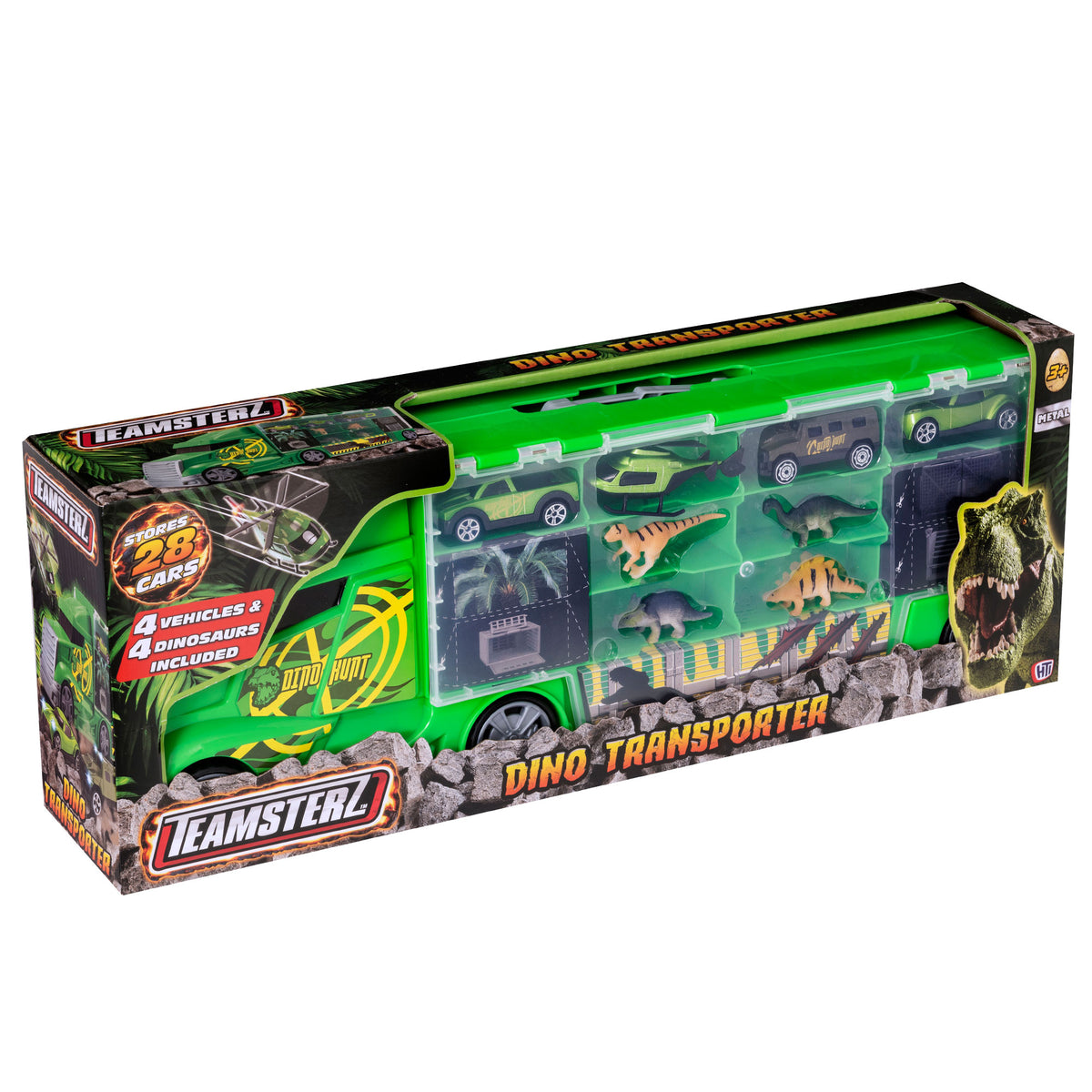 Transporter Truck packaging, showcasing a dinosaur-decorated truck with free-moving wheels and a carry handle. Text highlights its storage and portability for racing car and dinosaur enthusiasts.