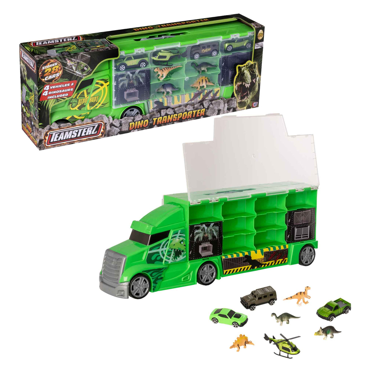 Dinosaur-themed Transporter Truck, a durable toy car carrier for kids who love racing cars and dinosaurs. Features free-moving wheels, a carry handle, and storage for a mess-free, portable play experience.