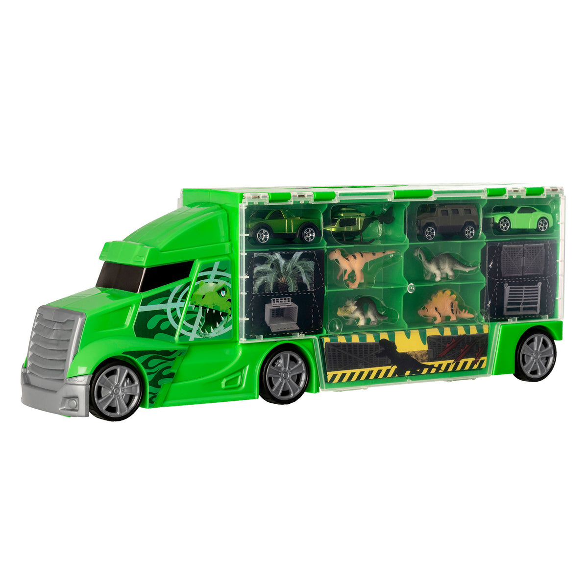 A Transporter Truck styled with a bold dinosaur theme, featuring a sturdy case with free-moving wheels and a carry handle. Open to reveal storage for toy cars and dinosaurs.